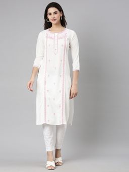 NEERU'S - White Regular Straight Floral Kurta
