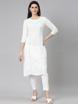NEERU'S - White Regular Straight Floral Kurta