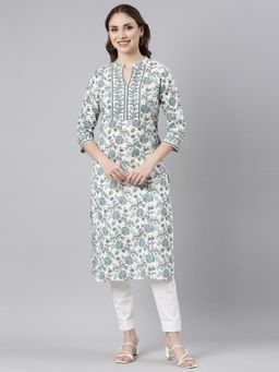 NEERU'S - White Regular Straight Floral Kurta