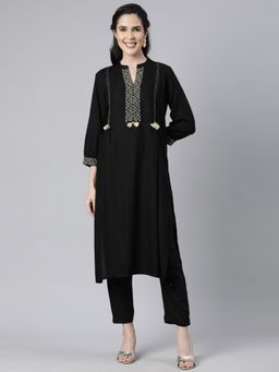 NEERU'S - Black Regular Straight Solid Kurta and Trousers (Set of 2)