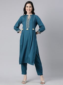 NEERU'S - Blue Regular Straight Solid Kurta and Trousers (Set of 2)