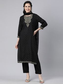 NEERU'S - Black Regular Straight Floral Kurta and Trousers with Dupatta (Set of 3)