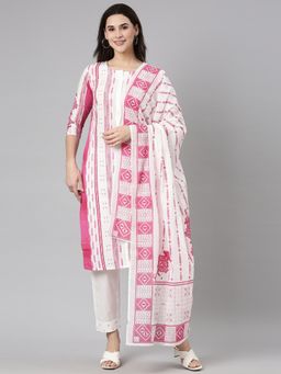 NEERU'S - Pink Regular Straight Printed Kurta and Trousers with Dupatta (Set of 3)