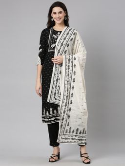 NEERU'S - Black Regular Straight Floral Kurta and Trousers with Dupatta (Set of 3)