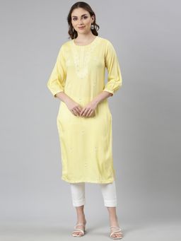 NEERU'S - Yellow Regular Straight Floral Kurta