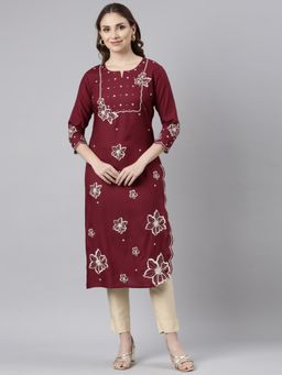 NEERU'S - Maroon Panelled Straight Floral Kurta