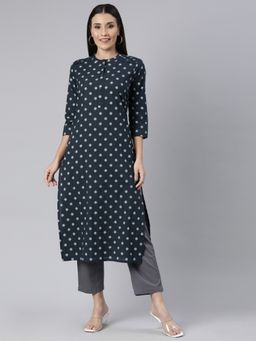 NEERU'S - Blue Panelled Straight Floral Kurta