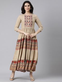 NEERU'S - Beige Flared Casual Printed Maxi Dress