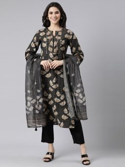 NEERU'S - Black Regular Straight Floral Kurta and Trousers with Dupatta (Set of 3)