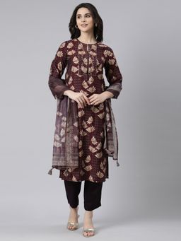 NEERU'S - Maroon Regular Straight Floral Kurta and Trousers with Dupatta (Set of 3)