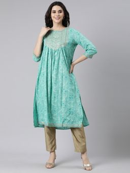 NEERU'S - Sea Green Pleated Straight Bandhani Kurta