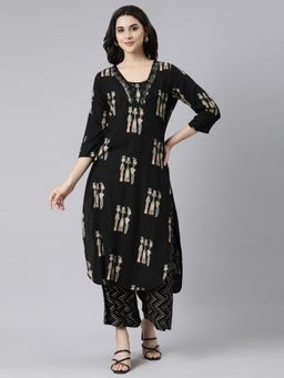 NEERU'S - Black Regular Straight Quirky Kurta and Trousers (Set of 2)