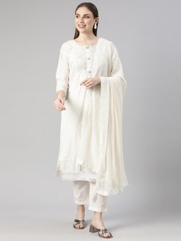 NEERU'S - Off White Panelled Straight Floral Kurta and Trousers with Dupatta (Set of 3)