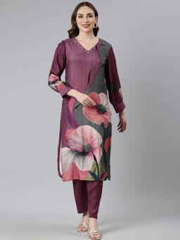 NEERU'S - Purple Regular Straight Floral Kurta and Trousers (Set of 2)