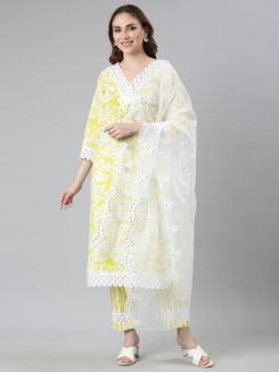 NEERU'S - Yellow Regular Scalloped Floral Kurta and Trousers with Dupatta (Set of 3)