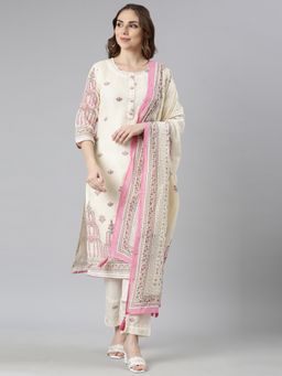NEERU'S - Cream Regular Straight Floral Kurta and Trousers with Dupatta (Set of 3)