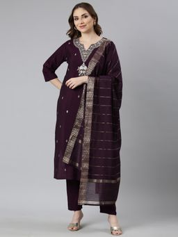 NEERU'S - Purple Regular Straight Kurta and Trousers with Dupatta (Set of 3)