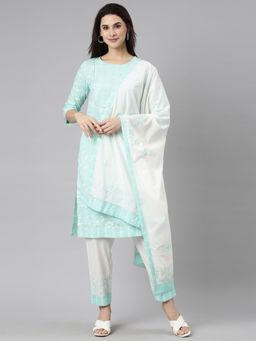 NEERU'S - Sea Green Regular Straight Floral Kurta and Trousers with Dupatta (Set of 3)