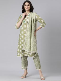 NEERU'S - Green Regular Straight Kurta and Trousers with Dupatta (Set of 3)