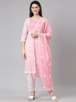 NEERU'S - Pink Regular Straight Floral Kurta and Trousers with Dupatta (Set of 3)