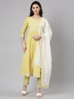 NEERU'S - Yellow Regular Straight Floral Kurta and Trousers with Dupatta (Set of 3)