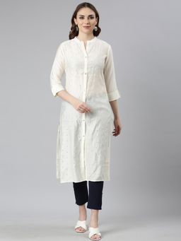 NEERU'S - Off White Panelled Straight Embroidered Kurta