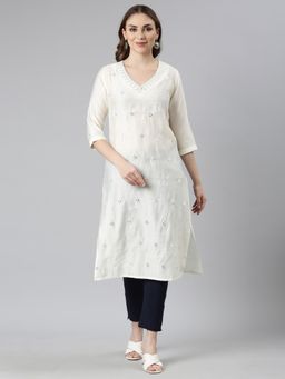 NEERU'S - Cream Panelled Straight Embroidered Kurta
