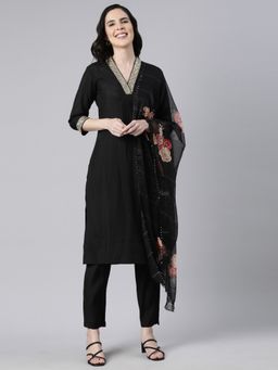 NEERU'S - Black Regular Straight Solid Kurta and Trousers with Dupatta (Set of 3)