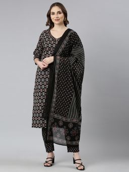NEERU'S - Black Regular Straight Printed Kurta and Trousers with Dupatta (Set of 3)