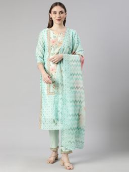 NEERU'S - Sea Green Regular Straight Floral Kurta and Trousers with Dupatta (Set of 3)
