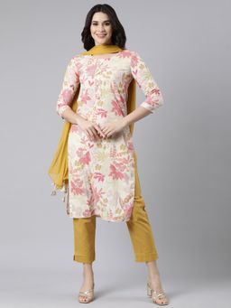 NEERU'S - Cream Regular Straight Floral Kurta and Trousers with Dupatta (Set of 3)