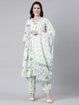 NEERU'S - Green Regular Straight Floral Kurta and Salwar with Dupatta (Set of 3)