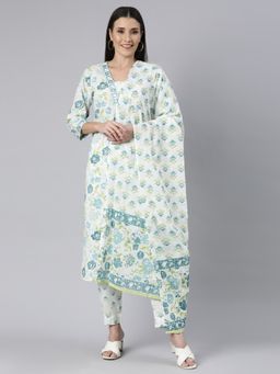 NEERU'S - Green Regular Straight Floral Kurta and Trousers with Dupatta (Set of 3)