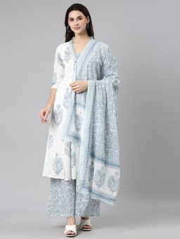 NEERU'S - Blue Regular Straight Floral Kurta and Palazzo with Dupatta (Set of 3)