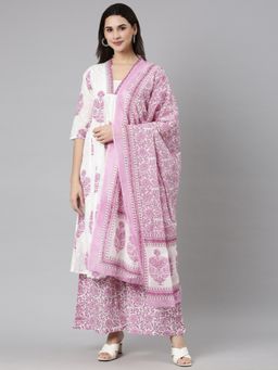 NEERU'S - Pink Regular Straight Floral Kurta and Palazzo with Dupatta (Set of 3)