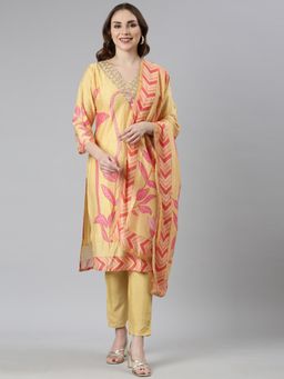 NEERU'S - Yellow Regular Straight Floral Kurta and Trousers with Dupatta (Set of 3)