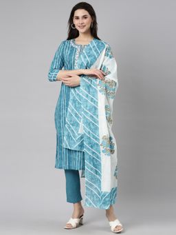 NEERU'S - Blue Regular Straight Striped Kurta and Trousers with Dupatta (Set of 3)