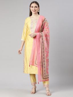 NEERU'S - Yellow Regular Straight Floral Kurta and Trousers with Dupatta (Set of 3)