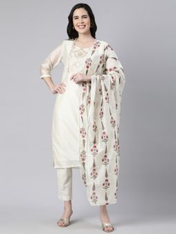 NEERU'S - Cream Regular Straight Embroidered Kurta and Trousers with Dupatta (Set of 3)