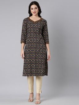 NEERU'S - Black Regular Straight Printed Design Kurta