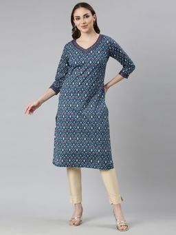 NEERU'S - Blue Regular Straight Printed Design Kurta