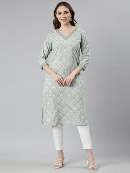 NEERU'S - Green Panelled Straight Floral Kurta