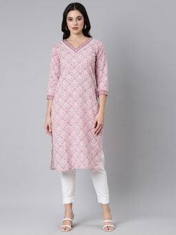 NEERU'S - Pink Panelled Straight Floral Kurta