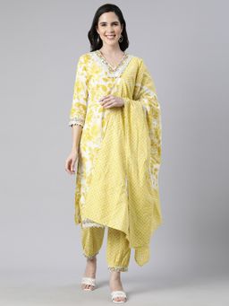 NEERU'S - Yellow Regular Straight Floral Kurta and Salwar with Dupatta (Set of 3)
