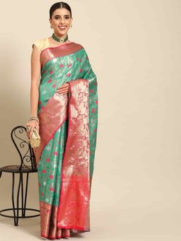 Silk Land - Womens Brocade Soft Silk Teal Zari Woven Saree with Unstitched Blouse