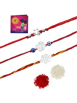 Yellow Chimes - Handmade Dori Worked Om Letter R Rakhi With Roli Chawal & Card (Set of 5)