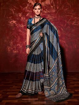 Akhilam - Womens Satin Navy Blue Digital Print Designer Saree with Unstitched Blouse