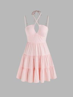Cider - Halter Striped Criss Cross Cut Out Tiered Cami Mini Dress