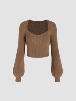 Cider - Knit Sweetheart Neck Solid Lantern Sleeve Top