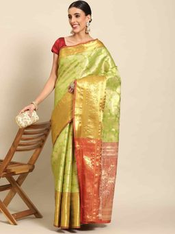 Silk Land - Womens Brocade Soft Silk Green Zari Woven Saree with Unstitched Blouse